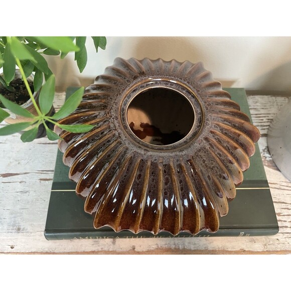 Vintage Brown Fluted Hexagon Ribbed Shaped Glazed Unique Retro Vase Planter - Picture 2 of 9